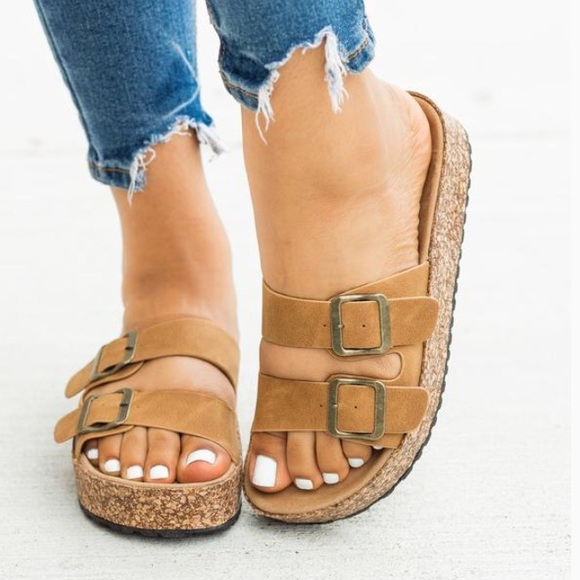 Tan Double Buckle Cork Platform Slip On Sandals - Picture 2 of 2